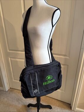 Black Canvas Messenger Bag with HILTON Logo
